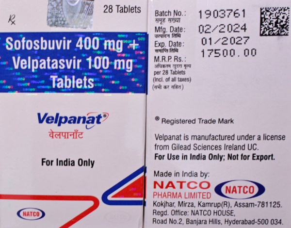  Epclusa, Velpanat (sofosbuvir 400 mg / velpatasvir 100 mg) 30 tablets generic (Natco, India)